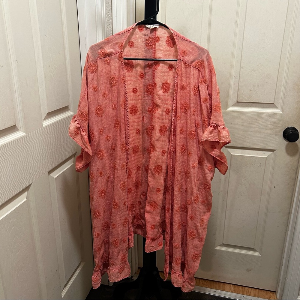 Rayon Easel Embroidered floral Ruffle kimono